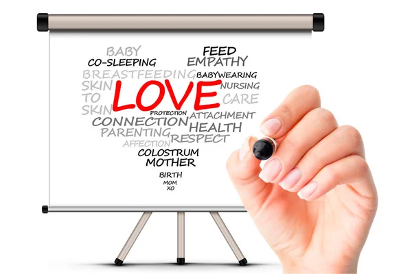 Love word cloud. Parenting and baby love concept with women handwriting on whiteboard — Stock Photo, Image