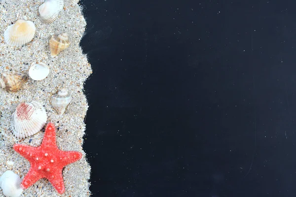 Leere Tafel mit Sand, Seesternen und Muscheln als maritimer oder sommerlicher Hintergrund — Stockfoto