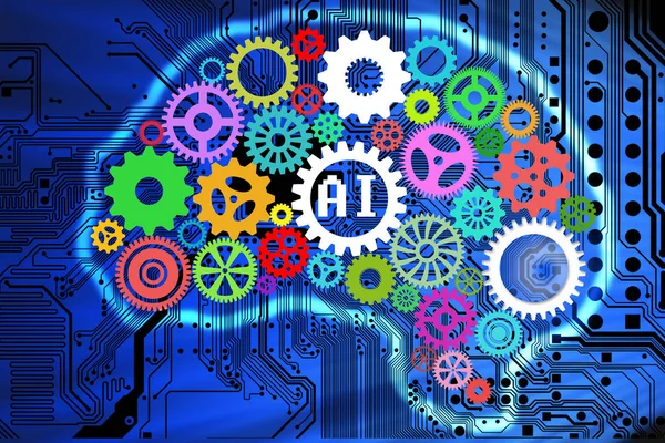 Концепция искусственного интеллекта с человеческим мозгом от шестерен на заднем плане материнской платы компьютера — стоковое фото