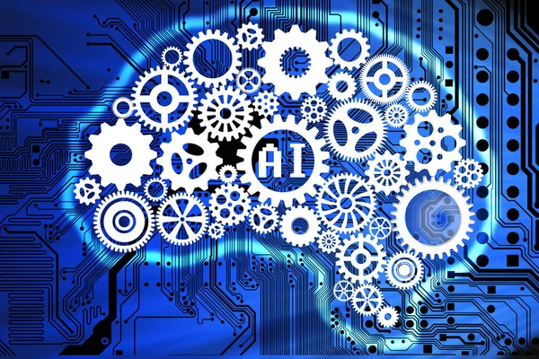 Concepto de inteligencia artificial con forma de cerebro humano a partir de engranajes en el fondo de la placa base del ordenador —  Fotos de Stock