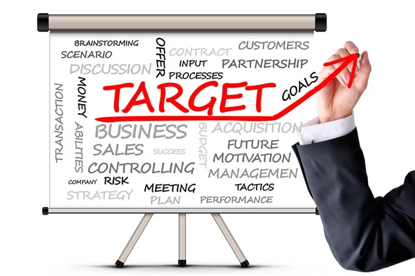 Doel concept met zakenman schrijven op het whiteboard tijdens een verkooptraining of presentatie — Stockfoto