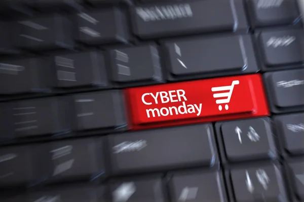 Cyber Monday Shopping Trolley Symbol Notebook Keyboard — Stock Photo, Image
