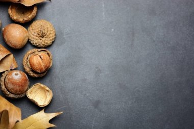 Meşe palamutları ve boş tahta üzerinde yapraklar ile sonbahar ya da sonbahar renkli arka plan