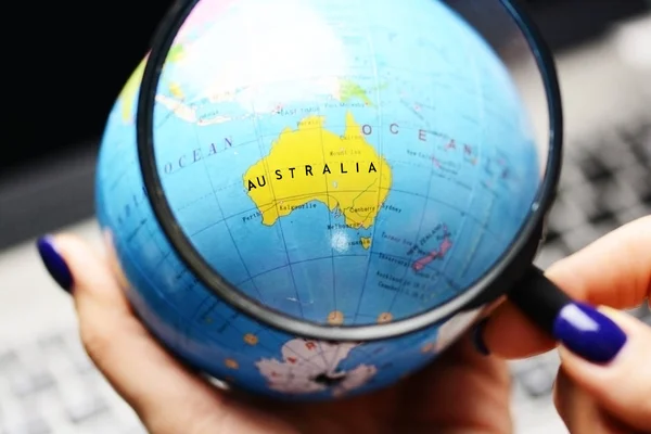 New Destination Concept Woman Hand Holding Earth Globe Magnifying Glass — Stock Photo, Image