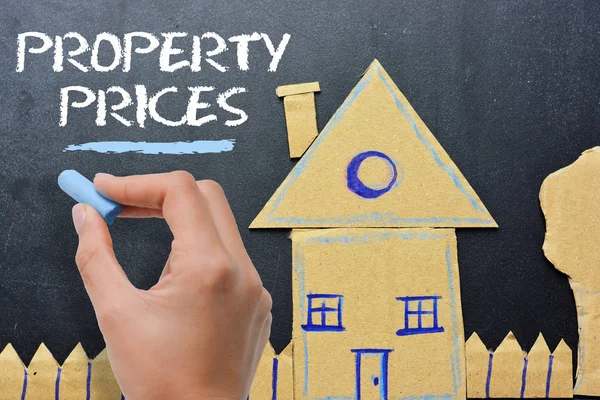 Property Prices Real Estate Market Suggested Cardboard Miniature House Blackboard — Stock Photo, Image