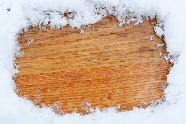 Espacio Copia Fondo Vacío Invierno Mesa Madera Con Nieve Como —  Fotos de Stock