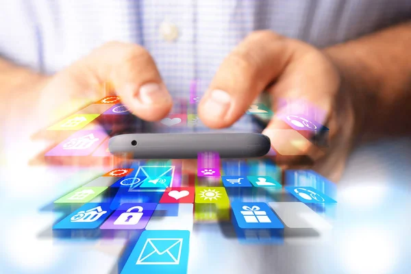 Apps Browsing Development Suggested Colorful Icons Front Smartphone Programmer Hands — Stock Photo, Image