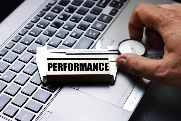 Man Hand Measuring Performance Caliper Tool Notebook Keyboard — Stock Photo, Image