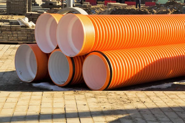 Storing Polyethylene Pipes Orange Color Large Diameter — Stock Photo, Image