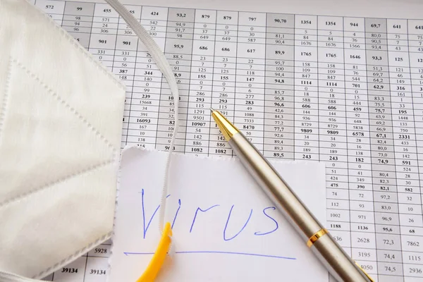 Koruyucu tıbbi giysi istatistiksel tablolarda ve yazılı virüslü kağıtta yatıyor.