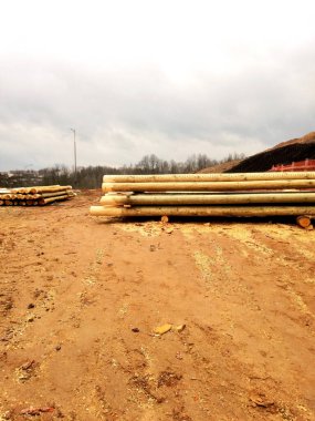 İşlenmiş ahşap kirişler bir inşaat sahasına istiflenir.