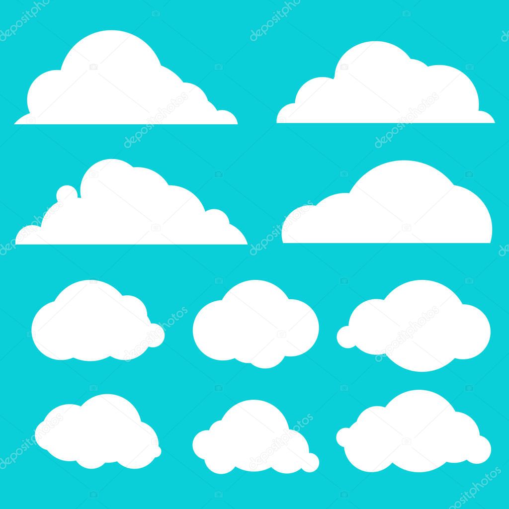 Collection of blue sky isolated on blue background. Set of different clouds. Sky flat illustration collection for web, art and app design. Different nature cloudscape weather symbols.