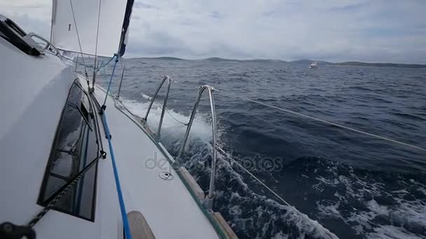 Aboard of yacht on background of sea waves in Greece. Regatta. — Stock Video