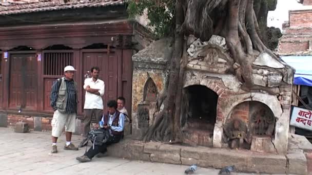 Mężczyzn siedzieć w pobliżu Starego drzewa z korzeniami ogromny na Durbar Square. — Wideo stockowe