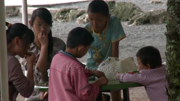 Kinder spielen in Pavillon mit Strohdach am Seeufer in den Bergen. — Stockvideo