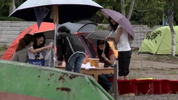 Ragazze in tenda sulle rive del lago in provincia . — Video Stock