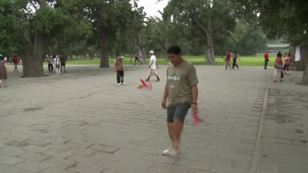 Mensen ontspannen buiten op straat van de stad in park. — Stockvideo