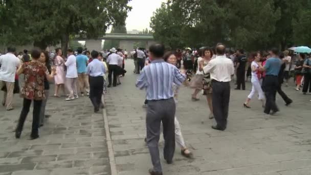 Gelukkige mensen dansen op de straten van de stad in park. — Stockvideo
