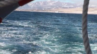 Arka plan dalgalar kıyıya Grönland Kuzey Buz Denizi'olarak dağlarda.