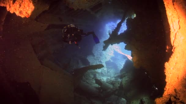 Cameraman duiker zwemmen in onderwater schip wrak van de rode zee. — Stockvideo