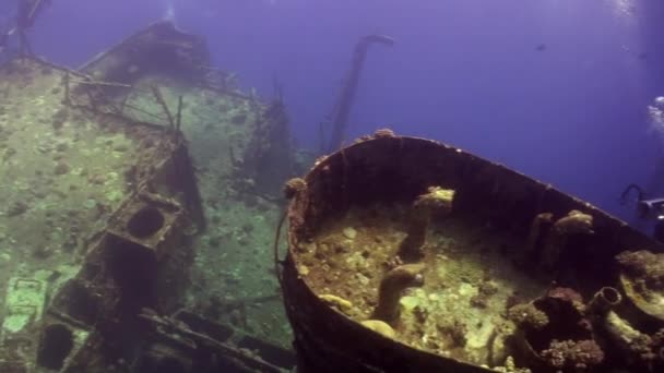Taucher in der Nähe von Wrackschiff unter Wasser am Korallenriff abu nuhas im Roten Meer. — Stockvideo