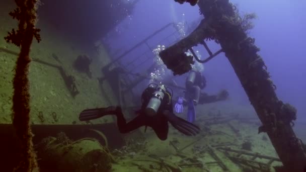 Divers near wreck ship underwater on coral reef Abu Nuhas in Red sea. — Stock Video