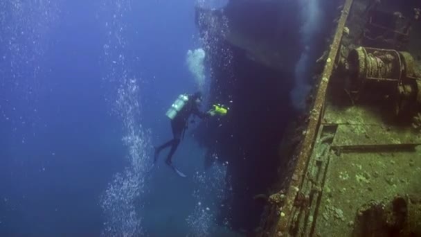 Δύτες κοντά σε ναυάγιο πλοίο υποβρύχια στον κοραλλιογενή ύφαλο Abu Nuhas στην Ερυθρά θάλασσα. — Αρχείο Βίντεο