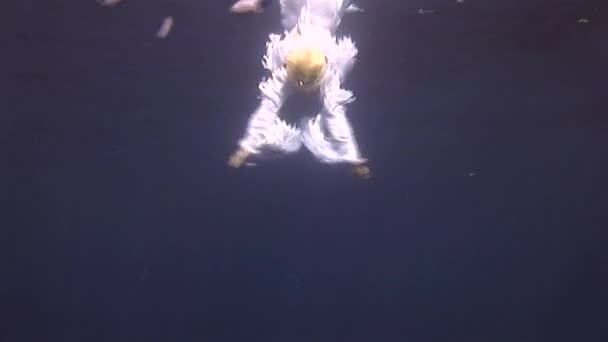 Underwater model in angel costume poses for camera in the Red Sea. — Stock Video