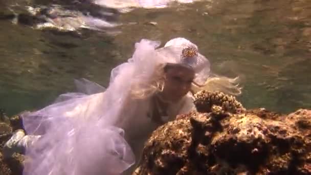 Underwater modell gratis dykare i kostym pirat simmar i rent vatten i Röda havet. — Stockvideo