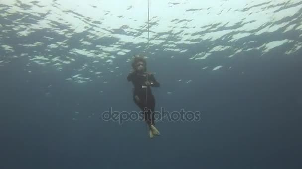 Modello subacqueo nuotate libere con boa rossa in acqua blu pulita nel Mar Rosso . — Video Stock
