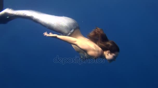 Young girl model underwater mermaid costume on blue background poses in Red Sea. — Stock Video