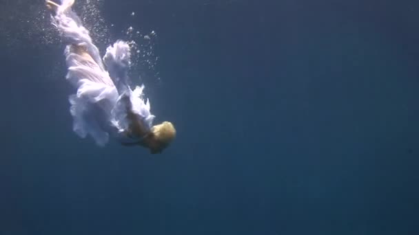 Девушка модель свободный ныряльщик под водой белый ангел костюм позирует в Красном море . — стоковое видео