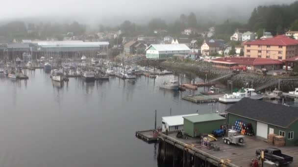Yachthafen vor dem Hintergrund der Landschaft ruhiges Wasser des Pazifischen Ozeans in Alaska. — Stockvideo