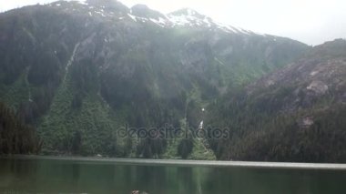 Pasifik Okyanusu'nun Alaska'arka plan kıyısında sakin su ahşap.