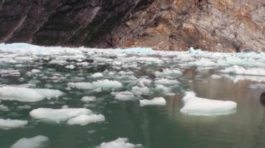 Buzlar su Alaska Pasifik Okyanusu'nda dağda arka plan üzerinde hareket.