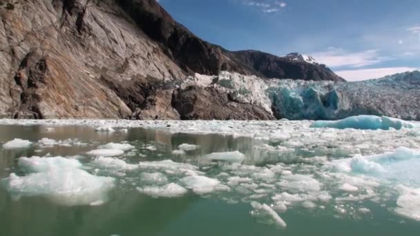 Pohybující se na ledové kry na pozadí hory a vody Tichého oceánu na Aljašce. — Stock video