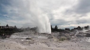 Orman ve gökyüzü ufukta Yeni Zelanda arka plan üzerinde Geysers Kaplıcalar.