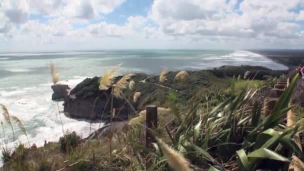 Seascape na tle horyzontu, chmury na niebie i skały, Nowa Zelandia. — Wideo stockowe