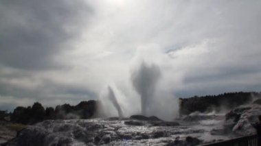Orman ve gökyüzü ufukta Yeni Zelanda arka plan üzerinde Geysers Kaplıcalar.
