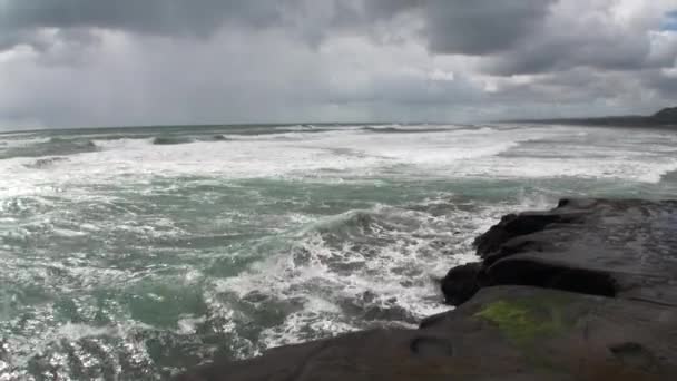 A paisagem marinha no fundo do horizonte, nuvens no céu e rochas Nova Zelândia . — Vídeo de Stock