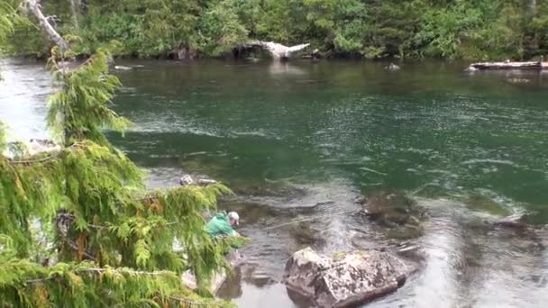 Fischer auf ruhigem Gebirgsfluss im Hintergrund erstaunliche Landschaften. — Stockvideo