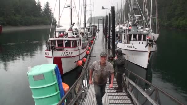 Barco cais e as pessoas no fundo da água da paisagem do Pacífico no Alasca . — Vídeo de Stock