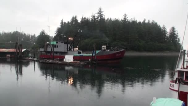 Člun na pozadí krajiny klidné vody Tichého oceánu na Aljašce. — Stock video