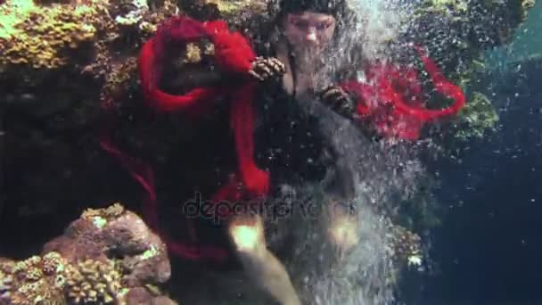 Junges Mädchen Modell Freitaucher unter Wasser in rotem Piratenkostüm im roten Meer. — Stockvideo