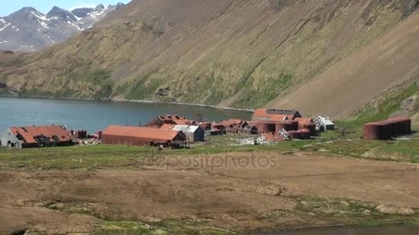 Hancur rumah di pantai laut di latar belakang salju gunung Kepulauan Falkland . — Stok Video