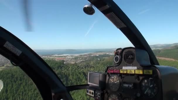 Δάσος τοπίο με fromcockpit θέα στον ωκεανό του ελικοπτέρου στη Νέα Ζηλανδία. — Αρχείο Βίντεο