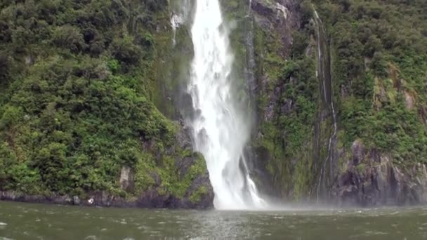 岩の多い海岸や山のニュージーランドで滝のパワー水. — ストック動画