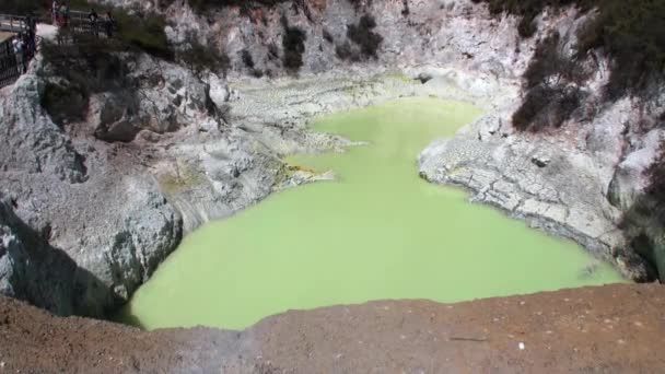 녹색 간헐천 뉴질랜드에서 토양의 배경에 온천 물. — 비디오