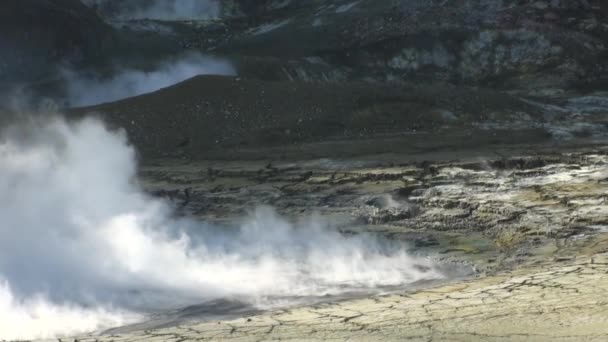 Geysers hot springs in the mountains on the White Island in New Zealand. — Stock Video