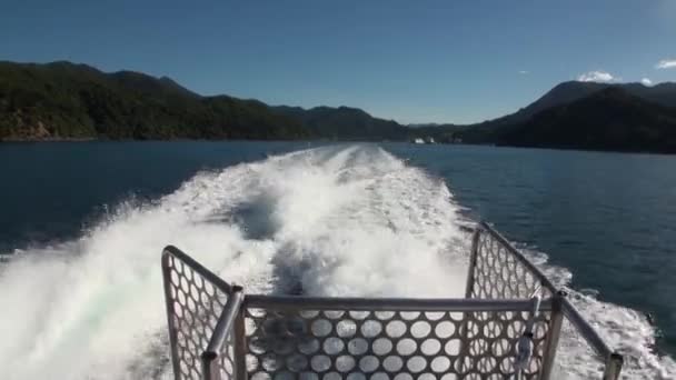 Yeşil dağlar ve sakin okyanus su hareketli bir yat Yeni Zelanda dan göster. — Stok video